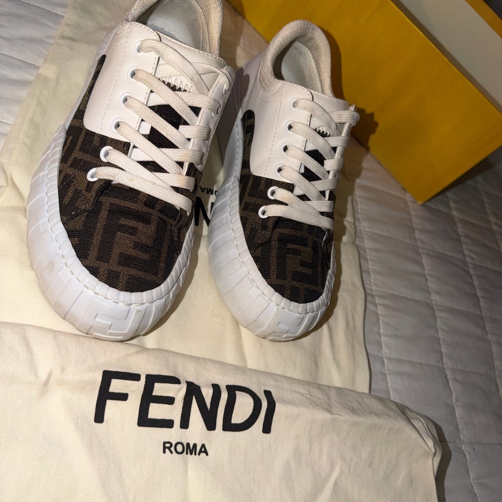 Fendi White and Brown Logo Sneakers
